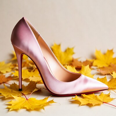 Pink high heel shoe on autumn leaves