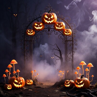 Halloween Gate with Jack-o-Lanterns and Mushrooms