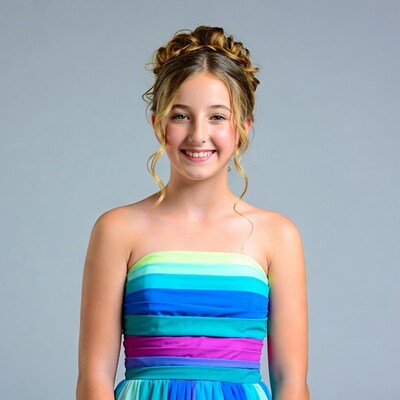 Girl in colorful strapless dress smiling