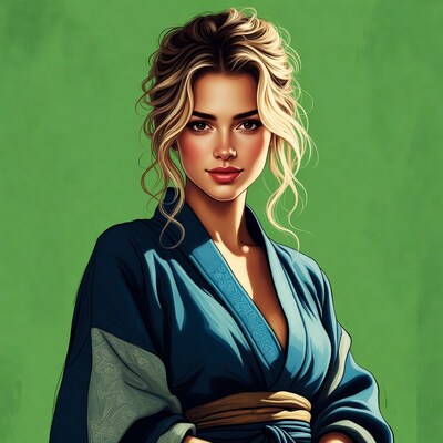 Blonde woman in blue kimono