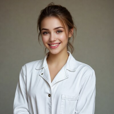 Smiling woman in white lab coat