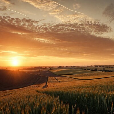 Sunset over rolling wheat fields