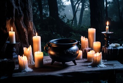 Cauldron with candles in dark forest