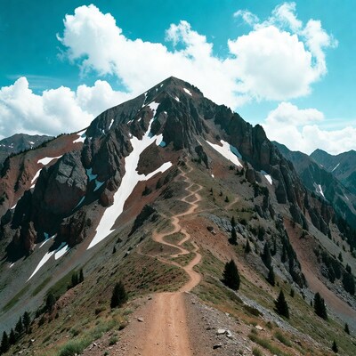 Winding trail up snowy mountain peak