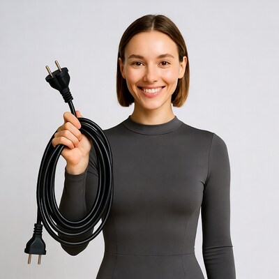 Woman holding black power cord