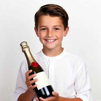 Boy holding champagne bottle