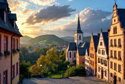 Colorful half-timbered houses and church at sunset