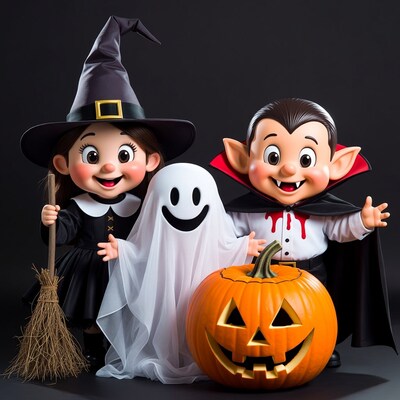 Cute witch boy vampire ghost pumpkin Halloween