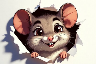 Cute mouse peeking through torn paper