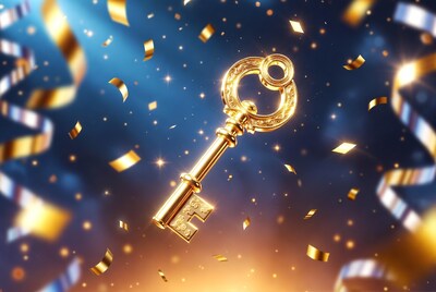 Golden key with confetti