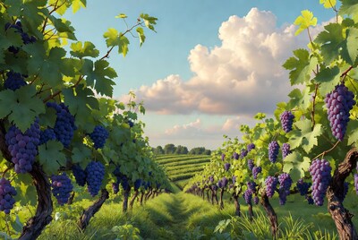 Vineyard with ripe purple grapes