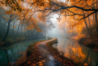 Autumn Forest Path by Misty River