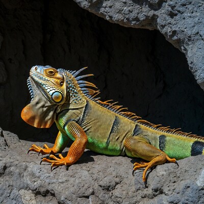 Colorful iguana on rocky cave