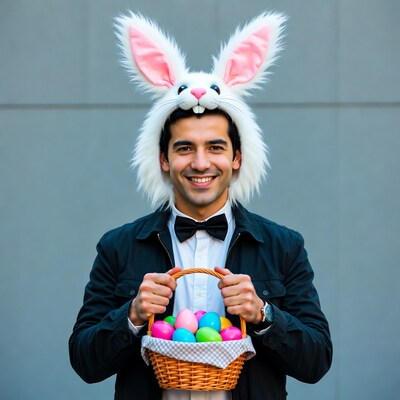 Man in bunny ears holding Easter eggs