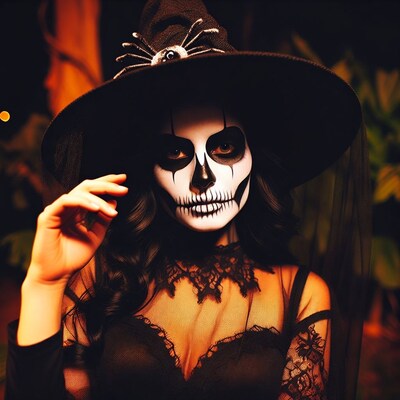 Woman in skull makeup witch costume