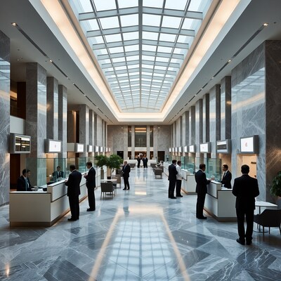 Busy bank lobby with suited men