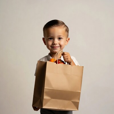 Boy holding bag of oranges and apple