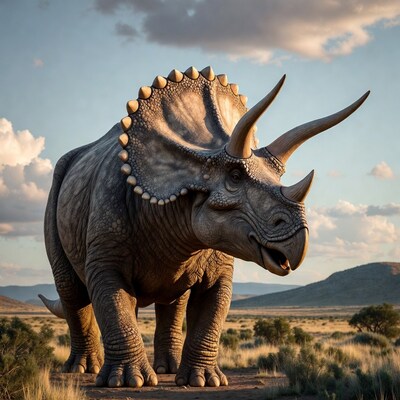 Triceratops dinosaur in prehistoric landscape
