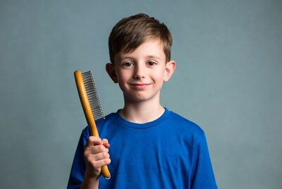 Boy holding wooden pet brush