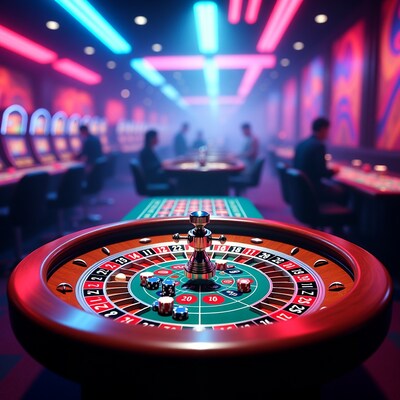 Roulette wheel in neon casino
