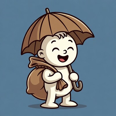 Cartoon baby with umbrella and sack