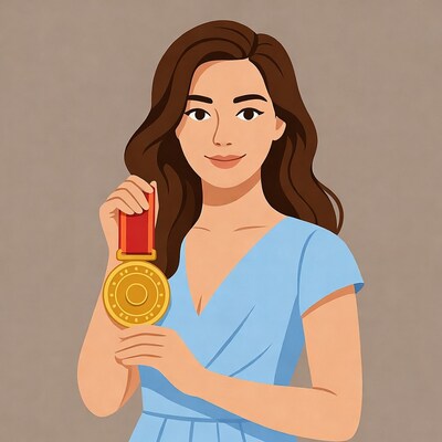Asian woman holding gold medal