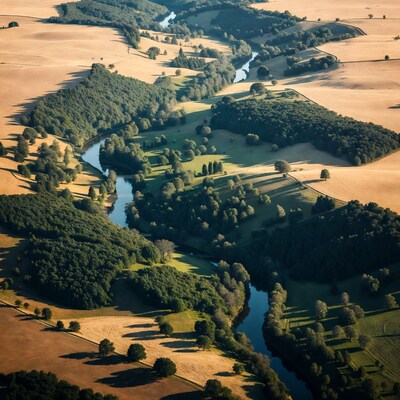 Aerial view of river through golden fields