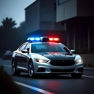 Police Car with Flashing Lights at Night