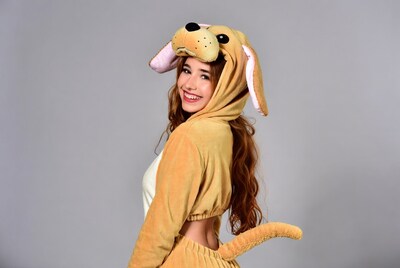 Woman in yellow dog onesie
