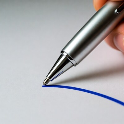 Hand writing blue line with silver pen