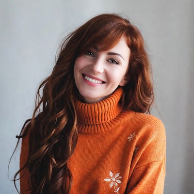 Smiling woman in orange turtleneck sweater