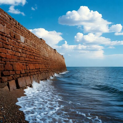 Brick Sea Wall with Waves Crashing