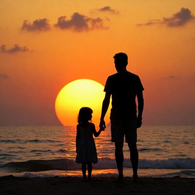 Father and daughter holding hands at sunset