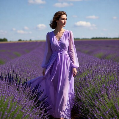 Woman in purple dress in lavender field