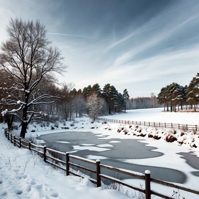 Frozen pond in snowy forest