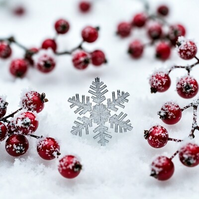 Snowflake with red berries on snow