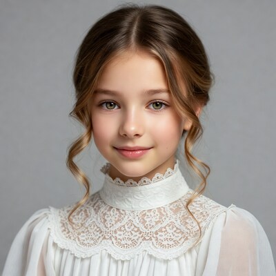 Girl in white lace dress smiling