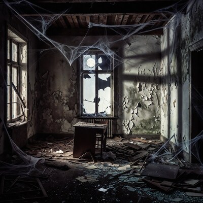 Abandoned room with cobwebs and full moon