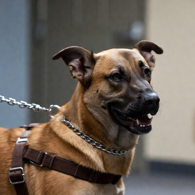 Smiling fawn boxer dog on leash