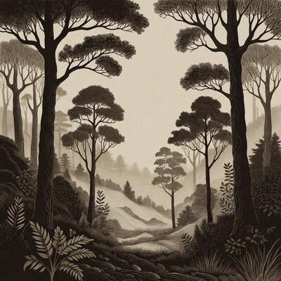 Forest Path Illustration with Tall Trees