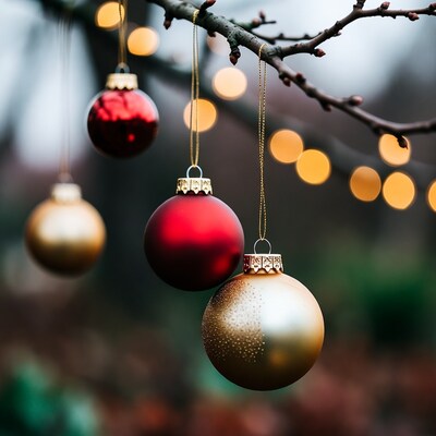 Christmas ornaments hanging on tree branch