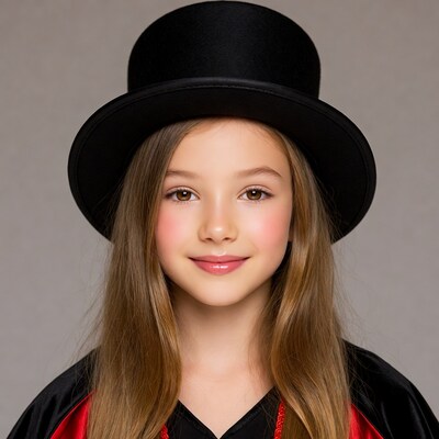 Girl wearing top hat and magician cape