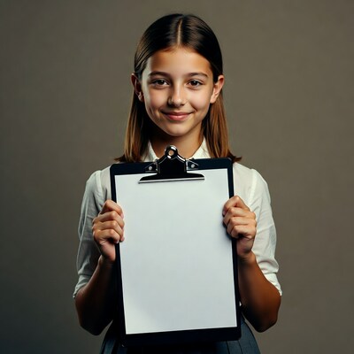 Girl holding blank clipboard