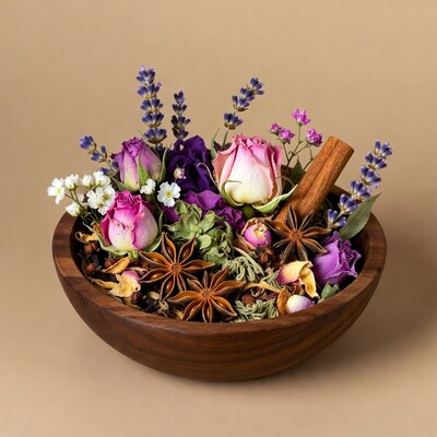 Wooden bowl with dried flowers and spices