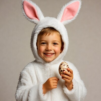 Boy in bunny costume holding egg