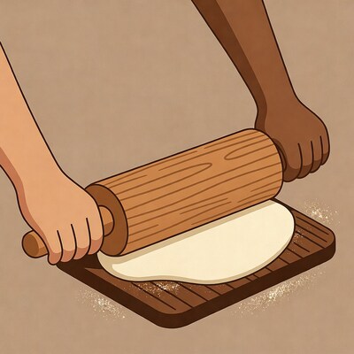 Hands rolling dough with rolling pin