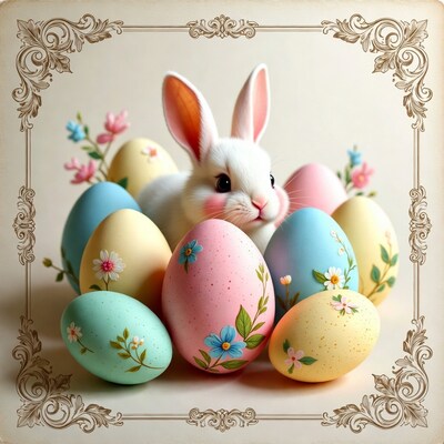 Cute white bunny with Easter eggs