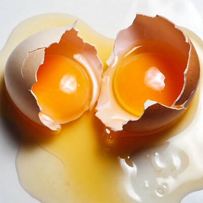 Broken egg with yolk on white surface