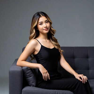 Asian woman in black dress on sofa