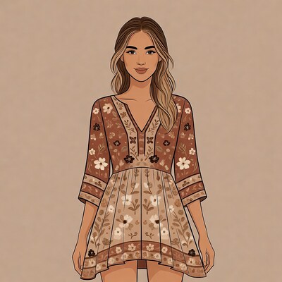 Woman in floral boho dress illustration